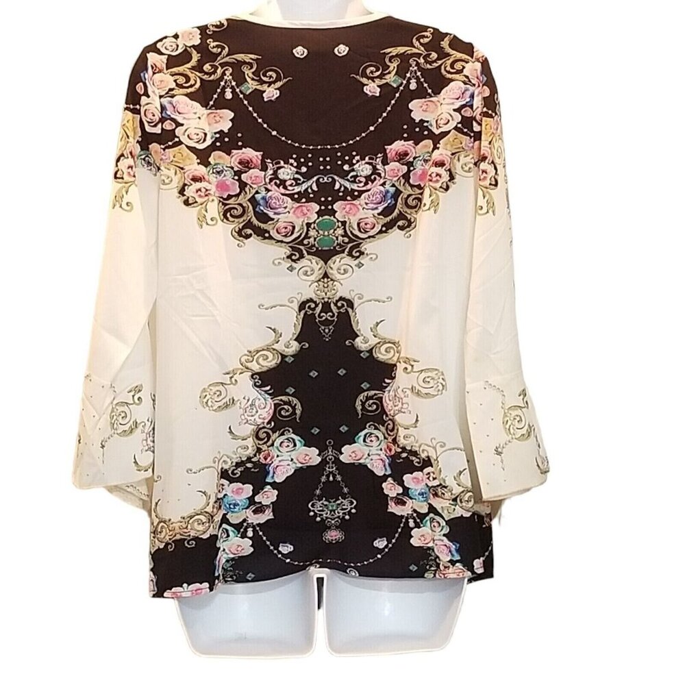 Women's Blouse Top M Ruffled Frill Sleeve Pintucked Black White Floral Silky - Picture 5 of 10